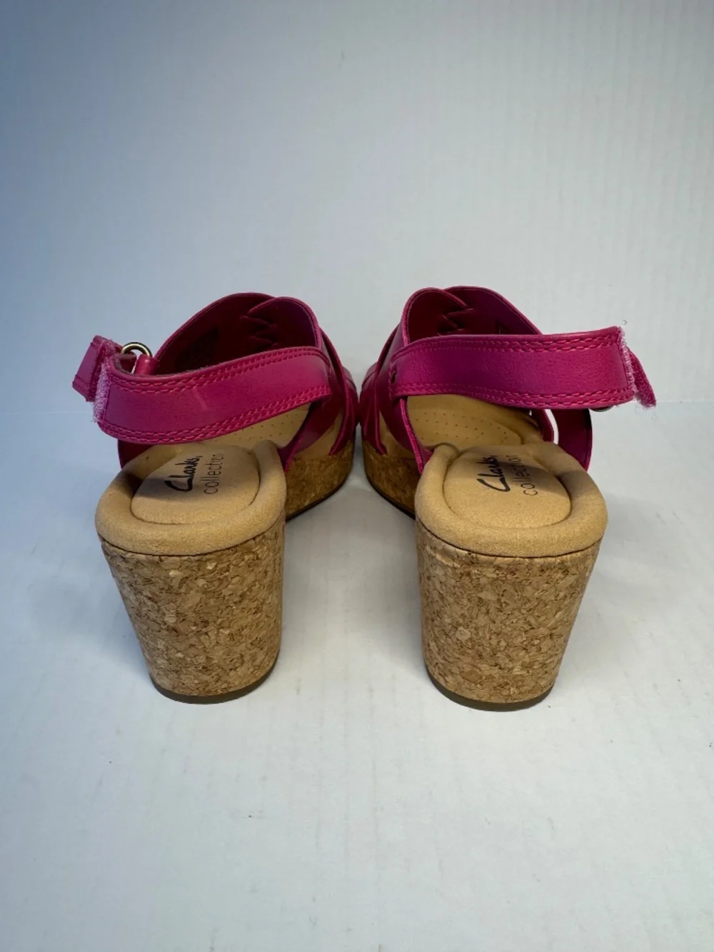 Clarks Pink Leather Wedge Sandals Cork Heel Size 6 Comfort Slingback NWOB